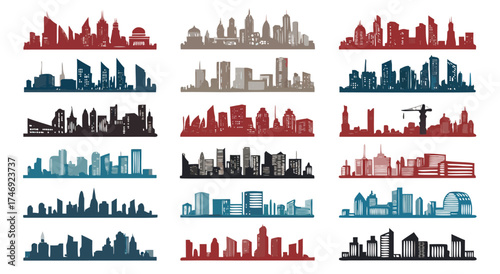 A collection of diverse city skyline silhouettes in various colors and styles.

