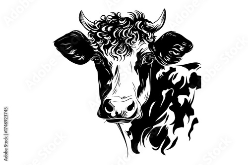 a black and white drawing of a cow's head with curly hairanimal, black, bull, cattle, cow, head, illustration, image, profile, trumpet, white 