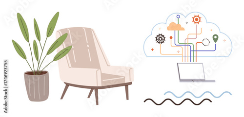 Armchair, potted plant, and laptop connected to a colorful cloud of gears, lines, and icons. Ideal for remote work, innovation, creativity, technology comfort productivity simple flat metaphor