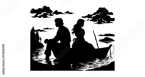 a silhouette of a man and a woman in a canoe on a calm lakeblack, boat, calm, canoe, couple, lake, man, oar, paddle, person, profile, row, rowboat, sit, water, woman 