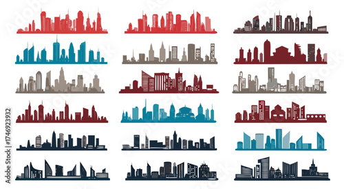 A collection of diverse city skyline silhouettes in various colors and styles.

