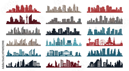 A collection of diverse city skyline silhouettes in various colors and styles.

