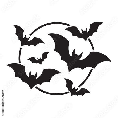 Silhouette of a swarm of bats flying in front of a full moon during halloween night
