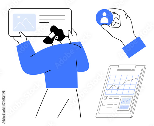 Man examining marketing board, holding user profile badge, reviewing clipboard with graphs. Ideal for business analysis, team management, data visualization, recruitment, decision-making, planning