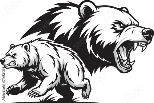Dual Fury: Roaring Bear Head and Charging Beast Silhouette