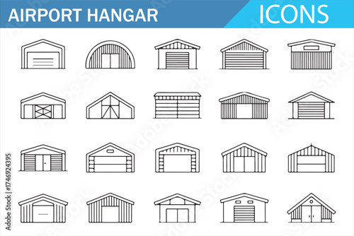 Airport Hangar Outline Set - Icons for Aircraft Storage Buildings