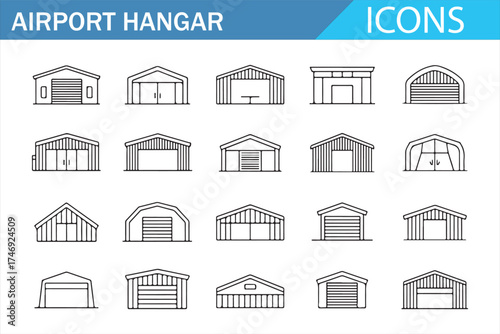 Airport Hangar Icons Set - Vector Outline Illustrations of Various Aircraft Storage Buildings and Structures
