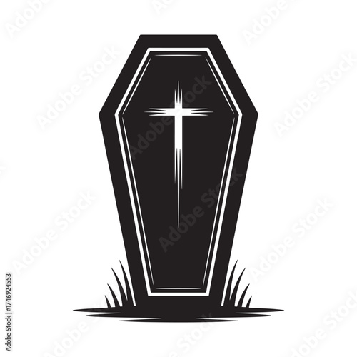 Black coffin with cross symbol on white background represents death and funeral