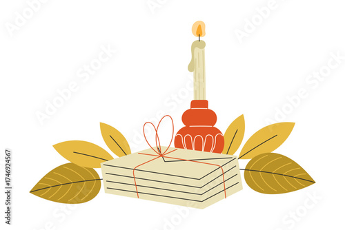 Stacks of envelopes among autumn leaves and warm candlelight for cozy seasonal scene