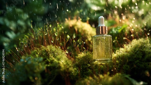 Natural beauty serum with gold flecks on moss with water droplets for skincare and wellness