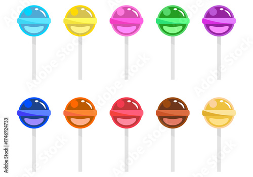 Colorful lollipops set, sweet candy collection in bright rainbow colors, cute vector illustration isolated on white background