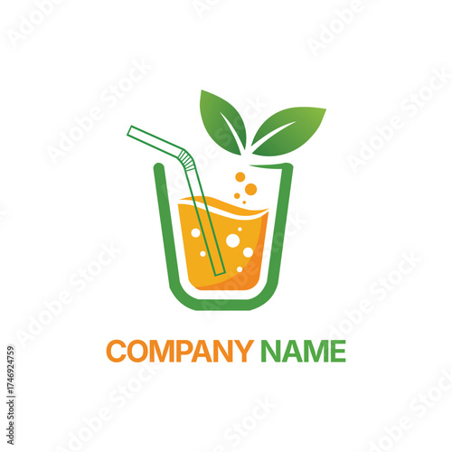 Fresh orange juice logo with green leaves and straw