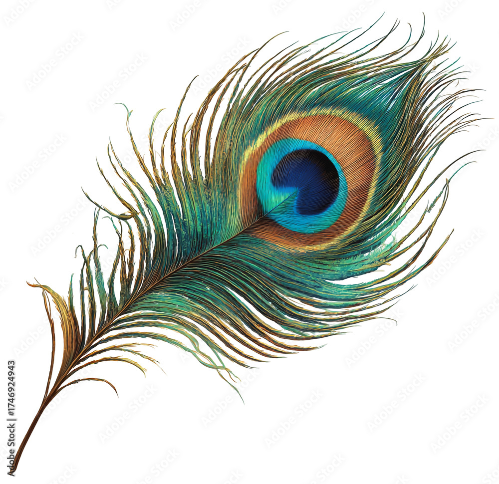 Obraz premium Peacock feather isolated on transparent background, a beautiful and colorful plumage