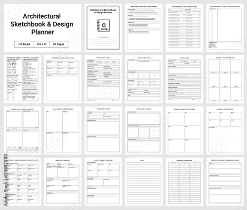Architectural Sketchbook & Design Planner Interior Pages, Vector Style Illustration, 22 Pages Printable Template for Architects, Designers, Students, Creative Drawing Journal