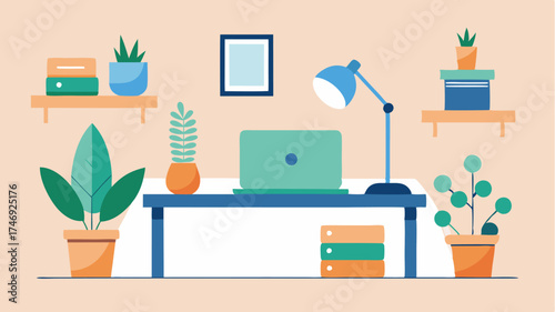 An inspirational workspace featuring a desk with motivational quotes houseplants and a laptop promoting productivity and creativity.