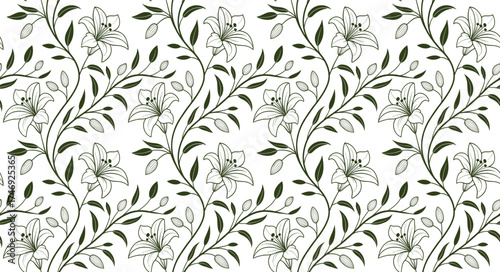Elegant lily floral seamless pattern with green leaves and graceful vines, ideal for fabric, wallpaper, wrapping paper, and botanical backgrounds with a natural minimalist style.
