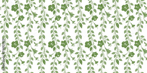 Seamless floral vine pattern with hand-drawn green leaves and small flowers in a natural cascading design. Perfect for wallpaper, fabric, and surface prints. Ideal for botanical, elegant, and modern p