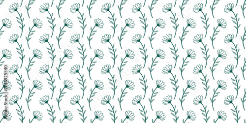 Seamless floral pattern with elegant hand-drawn flowers and thin green stems in a delicate design. Perfect for fabric, wallpaper, and surface decoration. Ideal for botanical, minimalist, and modern pr