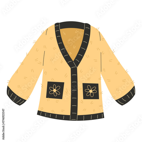 Fluffy warm knitted cardigan decorated with flowers for cozy fashion and seasonal style