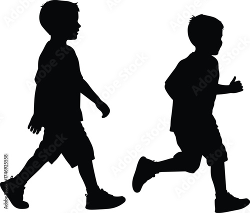 Silhouette of two boys walking and running, one giving thumbs up, simple black vector illustration for kids, activity, motion, play, childhood themes