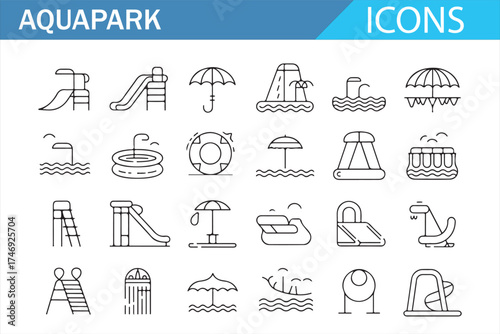 Icon set for aquaparks, featuring slides, pools, lifebuoys, and water attractions.