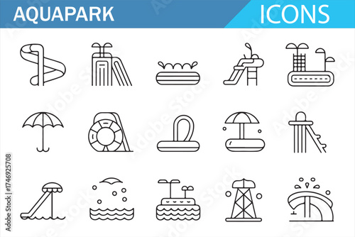 Collection of icons representing various aquapark elements, perfect for water recreation designs.