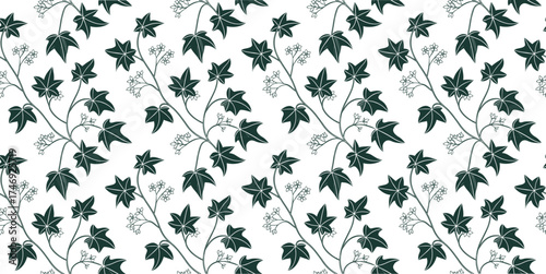 Seamless ivy leaf pattern featuring elegant hand-drawn vines in dark green tones. Perfect for wallpaper, textiles, and decorative backgrounds. Ideal for botanical, natural, and vintage designs.