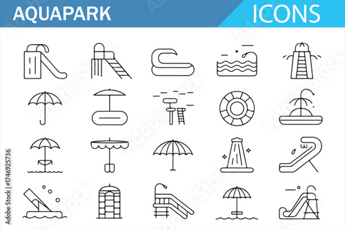 A collection of icons representing various elements of an aquapark, including water slides, inflatable pools, umbrellas, lifebuoys, and water features, perfect for aquapark design and recreational the