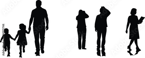 Family walking together, parents with children silhouettes, isolated vector illustration for parenting, lifestyle, and togetherness concepts, ideal for ads, banners, and editorial use