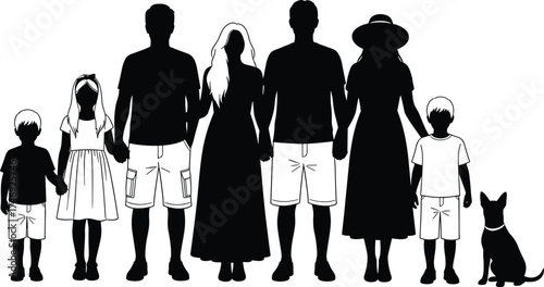 Family silhouettes standing together with children and pet, diverse household members holding hands, vector illustration for unity, togetherness, parenting, and social connection