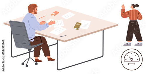 Man works at desk with scattered documents as woman points, signifying action or improvement adjacent speedometer hints at progress, time, efficiency. Ideal for productivity, deadlines, teamwork
