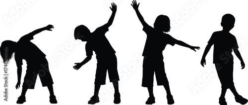 Four silhouettes of children stretching and moving dynamically — black vector illustration for exercise, flexibility, play, childhood activity, movement, health, and physical education themes