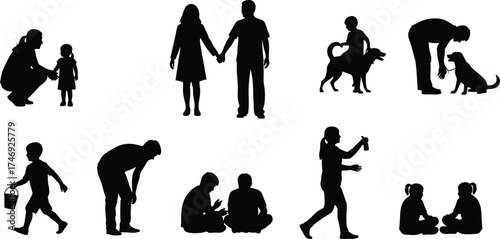 Family and pet silhouettes in daily life moments, parenting, play, bonding, and care activities, vector illustration for home, education, and emotional connection themes