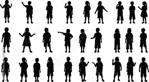 Collection of children silhouettes in various playful poses, gestures, and expressions for design, education, and illustration use, vector set showing kid diversity and dynamic movement
