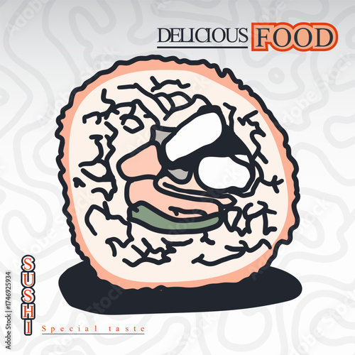 Uramaki sushi with outside of rice. sushi template in hand drawn for sushi restaurant