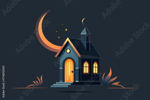 small crooked house glowing doorway twisted crooked roof