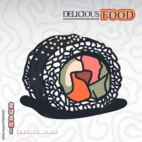 Maki sushi with more fillings in doodle art hand drawn design. sushi template for restaurant design