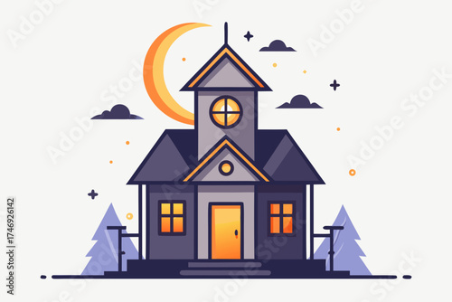 small crooked house glowing rectangular window crooked design