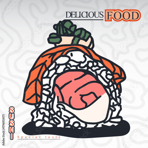 Nigiri sushi with more filling and topping in hand drawn design. sushi template for sushi restaurant
