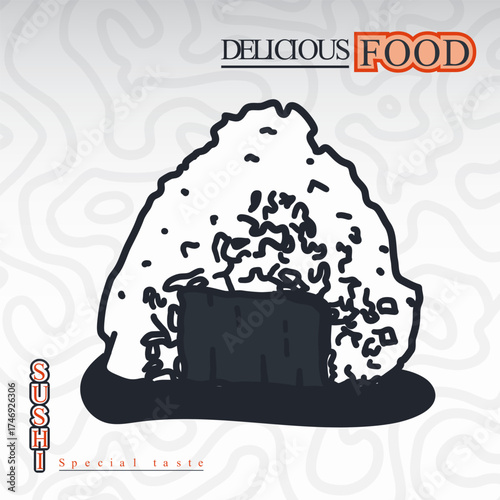 Onigiri sushi with sushi rice illustration in hand drawn. Sushi template for restaurant design