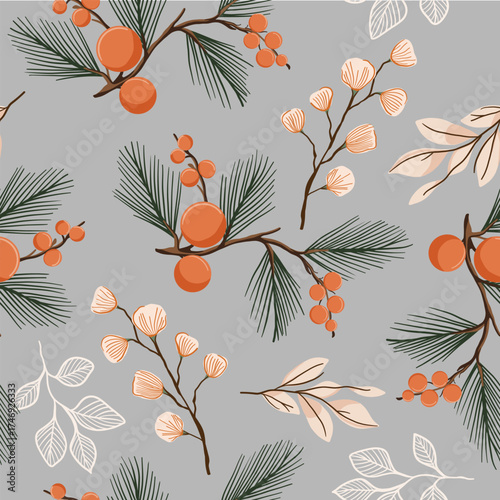 Christmas vector pattern with spruce twigs, orange berries, and white-beige leaves on soft gray background