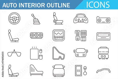 Car interior icon set showcasing components like seats, audio, air conditioning, and controls.