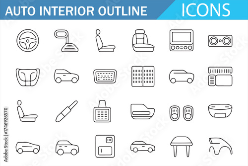 Outline icons representing car interior features such as seats, controls, and luxury accessories.