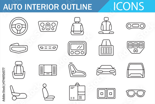 Line art icons for vehicle interiors featuring seats, steering wheel, audio, and car components.