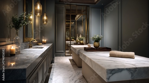 Elegant spa interior with massage beds, candles, and soft lighting for relaxation and wellness