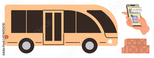 Public bus alongside a hand scanning a ticket on a smartphone and stacked cargo boxes. Ideal for public transport, technology, logistics, mobile apps, urban planning, travel, simple flat metaphor