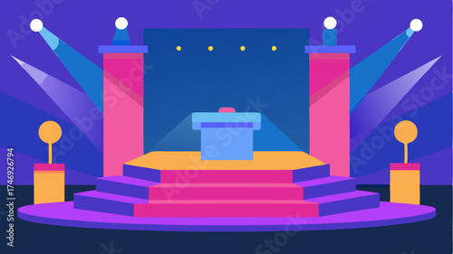A vibrant virtual stage complete with spotlight effects and a podium showcasing a speaker in an online conference setting.
