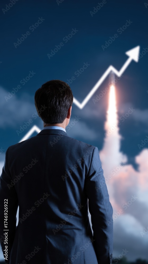 Fototapeta premium Businessman gazing at a rocket launching with a rising graph in the background, symbolizing growth