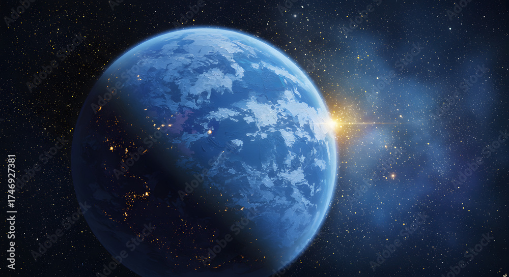 Obraz premium Celestial Dawn: An awe-inspiring depiction of a vibrant blue planet rising against a backdrop of the cosmos, illuminated by the first light of a new day.