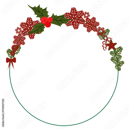 Cornice circolare di Natale con agrifoglio, stelle, foglie e fiocchi